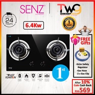 Ready Stock + Gift SENZ SZ-GS388 Tri-Ringz 6.4kW Twin Burner Gas Stove Glass Gas Hob with Safety Sensor Device
