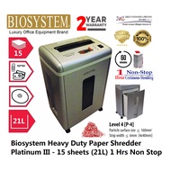 Biosystem Heavy Duty Paper Shredder Platinum III - 15 sheets (21L) 1 Hrs Non Stop (Paper Shredder, Shredder Machine, Off