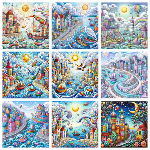 Whimsical World Town Landscape 5D Full Round Diamond Painting Kits Comic Magic Kingdom DIY Drills Mo