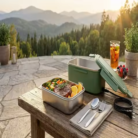 80W Portable Electric Heated Lunch Box Leakproof Stainless Steel Food Warmer 2 Compartments with Car