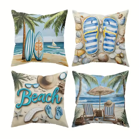 4 Pack Coastal Cushion Covers 45x45cm Summer Vibes: Surfboards, Striped Flip Flops, 3D Beach Text & 