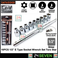 SADAGOOD CRV 10PCS 1/2" E TYPE SOCKET WRENCH SET TORX STAR BOX SOCKET WITH 10" SLIDING T HANDLE BAR