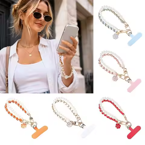 Gifts PU Pearl Phone Wrist Strap Metal Pearl Phone Chain Lanyard Colorblock Lightweight Mobile Phone