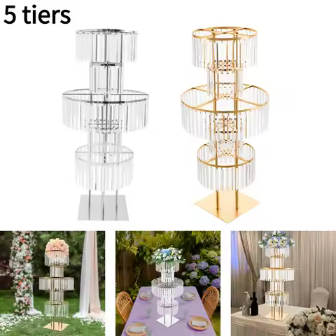 5 Tiers Wedding Flower Stand Acrylic Wedding Centerpiece with Crystal Pendants Gold/Silver for Cerem