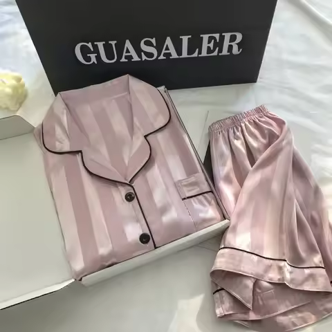 2Pcs/set Ice Silk Women's Pajamas Short Sleeve Short Pants Simulation Silk Home Clothing Solid Color