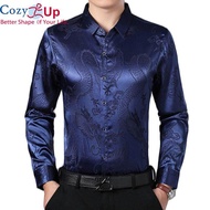 COZY ไวน์แดงเรียบผ้าไหมซาตินเสื้อมังกรจีน Jacquard Mens SLIM FIT เสื้อ chemise