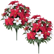 2 Bundles Poinsettia Artificial Christmas Flowers Bouquet | Mixed Christmas Bush Bouquet Winter Flow