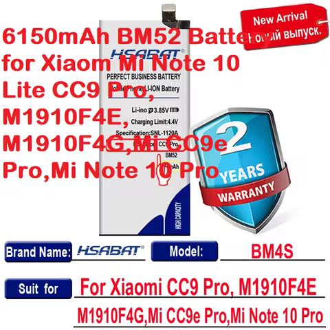 HSABAT 6150mAh BM52 Battery for Xiaom Mi Note 10 Lite CC9 Pro, M1910F4E, M1910F4G,Mi CC9e Pro,Mi Not