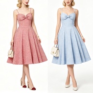 Baju Prom~Vintage 80s & 90s Hong Kong Hepburn Style Plaid Halter Backless Elegant Swing Dress