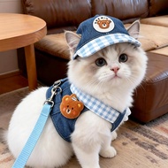 Set Topi & Harness Kucing Anjing Denim Beruang Comel Adjustable Pet Harness With Leash Topi Kap Base