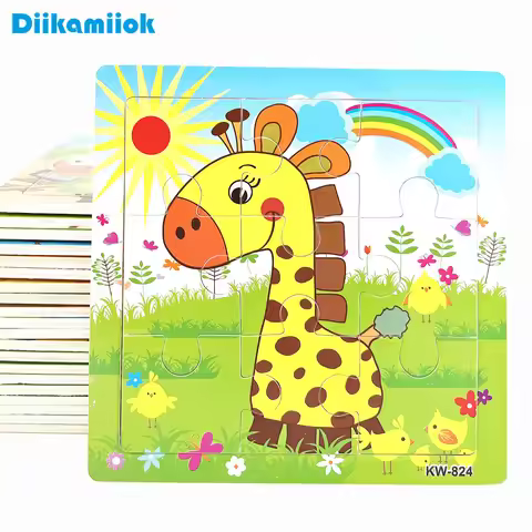 1pc 14.8cm/5.82in Wooden 9piece Jigsaw Puzzle Children Animal Dinosaur Puzzles for Kids Early Educat