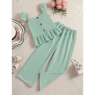 Fashionista Kids Girls Cotton Knit Ruffle Sleeve Top And Loose Pants Set 42125