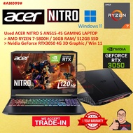 #AN099 USED ACER NITRO 5 Gaming Laptop AN515-45 AMD RYZEN 7-5800H 16GB 512GB SSD NVIDIA RTX3050 4GB 