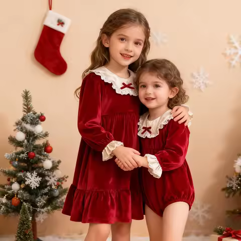 New Christmas Kids Party Dress Baby Bodysuits Sisters Clothes Twins Sisters Girls Princess Dress Bow