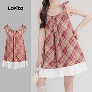 Lovito Casual Dress Plaid Tie Front Bow Draped Textured Fabric Fake 2 In 1 Lace Summer/Spring Dress 