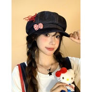 topi pantai cute hat woman Japanese Cowboy Beret Girls Literary Retro Bow Washed Korean Style Sweet 
