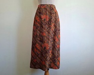 復古棕橘碎花長裙 亞麻蠶絲 A 字波希米亞風 XS