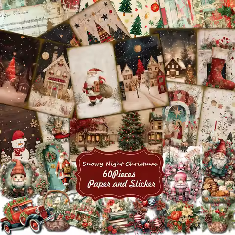 60pieces(paper+sticker) Vintage Christmas DIY Decoration Junk Journal Kits,Perfect for Arts Crafts,H