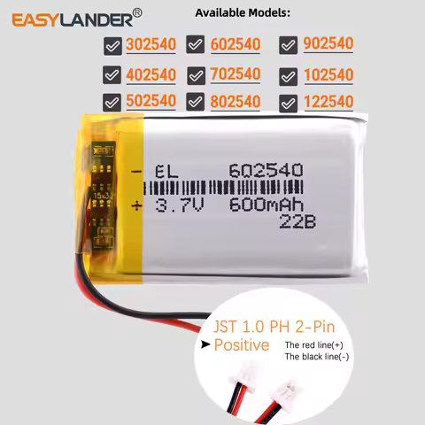 JST1.0 2P 3.7V 1000mAh 902540 Lipo lithium polymer battery 302540 402540 502540 102540 702540 802540