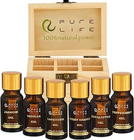 Pure Life Top 6 Essential Oils Set for Diffuser Aromatherapy, 100% Organic Fragrance Oil Kit for Humidifier, Fresh &amp; Grade Scents of Lavender, Peppermint, Eucalyptus, Orange, Vanilla, Jasmine