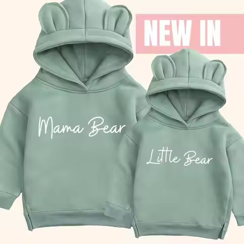2025 Custom Family Match Mom Kids Bear Hooded Sweatshirt Fleece Spring Warm Clothes Baby Boys Girls 