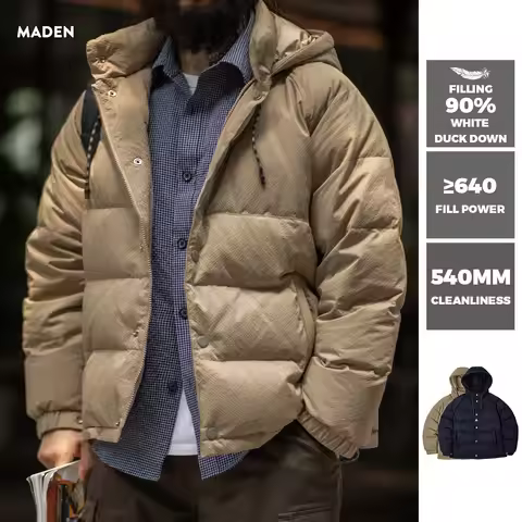 Maden Men's Winter Wide Quilting Seam Thickened Down Jacket White Duck Down Navy Blue Hooded Jacket 