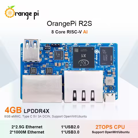 Orange Pi R2S 4GB RAM 8GB EMMC Single Board Computer 8-core RISC-V AI 2TOPS CPU Dual LAN Ports Mini 