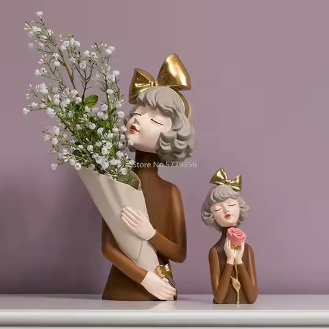 Modern Resin Cute Girl Statue Sculpture Crafts Creative Flower Arrangement Modern Home Decoration Ac