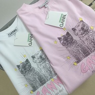 Ready Stock Ganni's Home 25 New Style Summer Niche Pure Cotton Cat Print Short-Sleeved T-Shirt Loose
