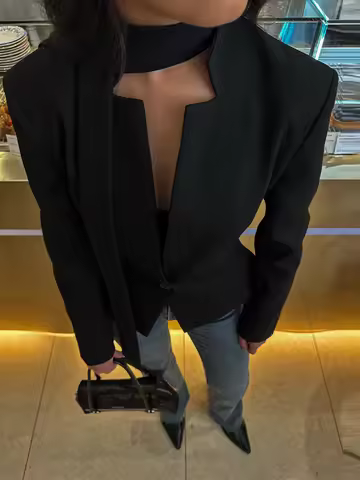 Women's Daily Belt Neck Blazer Waisted Deep V-neck Single Button Long Sleeve Jacket 2026 Spring Fash