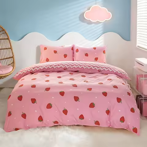 3pcs/set Small Strawberry Print Duvet Cover Set(1 Duvet Cover & 2 Pillowcase)Soft And Skin-Friendly