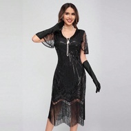 1920s Flapper Dresses For Women,Sheer Beaded Sleeves Great Gatsby Dresses Roaring 20s Dresses Costum