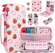 FANPL Pink Carrying Case for Nintendo Switch and Switch OLED Cover, Strawberry Travel Case Bundle with 2 Joy con Shells, 2 Thumb Grip Caps, Adjustable Shoulder Strap, Portable Switch Accessories Bag