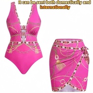 [Plus Size] 2-Piece One-Piece Swimsuit Set Luxurious Chain-Decorated Matching A Waist-Tie Skirt