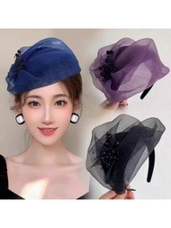 1頂女士紫色綢緞和黑珍珠法式半帽頭帶,適用於派對、慶典和日常穿著的優雅髮飾