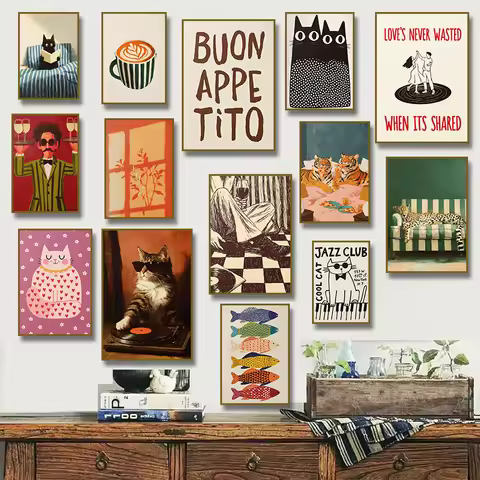 Vintage Jazz Cat Piano Love Quote Couple Dancing Bon Appetit Poster Canvas Painting Print Wine Bar K