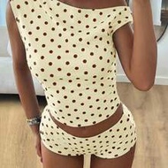 Women's Brown And Yellow Polka Dot Summmer 90s Retro Vacation Outfit,2000s Country Music Festival As