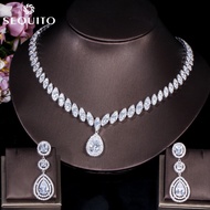 SEQUITO Pear Cut Cubic Zirconia Gemstone Bridal Costume Jewelry Set Luxury 18K White Gold Long Water Drop Dangle Earrings Necklace Set for Women SJ044