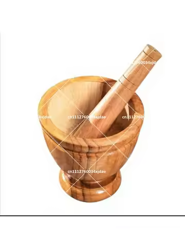 Solid Wood Mortar and Pestle Set for Garlic Herbs Spices, Round Wooden Bowl Kitchen Tool Diameter 14