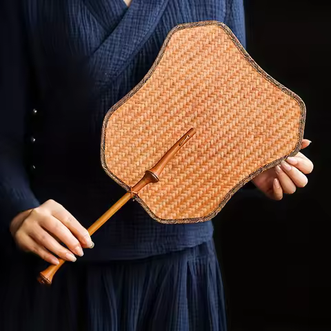 Pure Handmade Bamboo Woven Fan Banana Cloud Brocade Cloth Wrapped Edge Cool Pu Fan Retro Large Lacqu