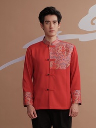 (JUN) CNY Shirt เสื้อตรุษจีนผู้ชาย สีแดงสดแต่งลาย รุ่น LHONG