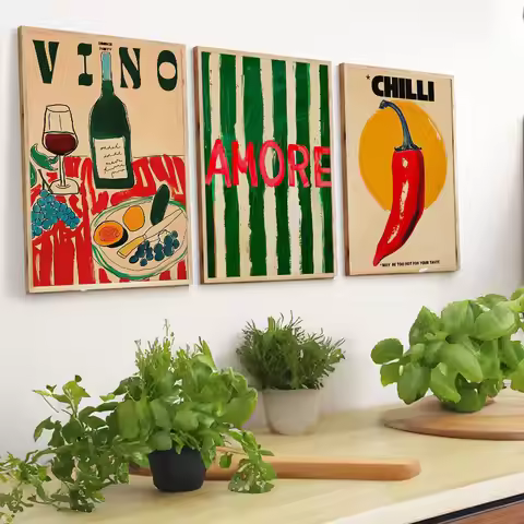 Amore Green Striped Canvas Printing Vino Wine Glass & Pepper Wall Art Poster Modern Living Room Bedr