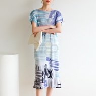 ✙ Aiden001 One Size Summer Pleated Ink Printing Large Size Loose Slim Round Neck Mid-Length Dress 31