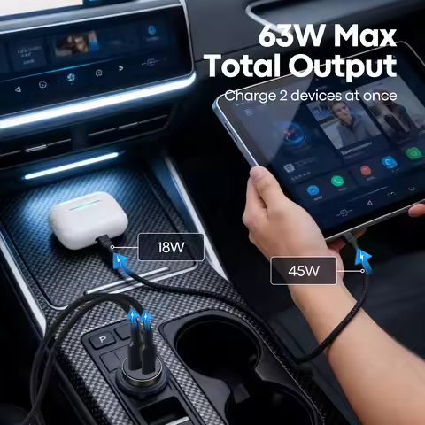 63W Car Charger with USB C Cable Included, 45W Fast Charge Dual Port Zinc Alloy Car Charger, PD & QC