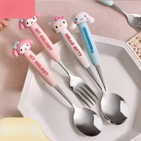 Kawaii Hello Kitty Stainless Steel Tableware Set Japanese Sanrio Melody Cartoon Silicone Portable Ta