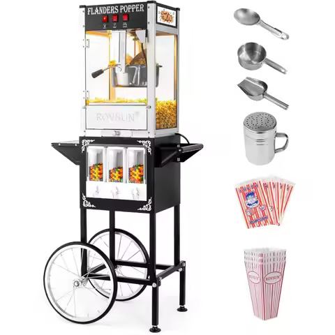 Commercial and Home Theater Popcorn Machine with Cart Wheels and 8 Oz Kettle Produces Up to 32 Cups 