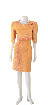 ชุดเดรส ผ้าไทยทอ อัดกาว Size M-L (อก 36"-38")  ออกงานบุญ งานบวช ชุดไทยประยุกต์ เกรดพรีเมียม Thai