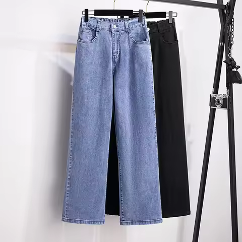 Women Jeans Stretch Casual Trousers Washed Denim Straight Pants Female Fleece Loose Vintage Jeans XL