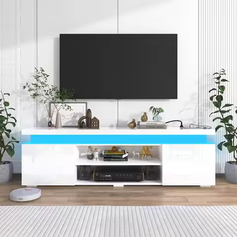66 Inch LED TV Stand for 70/75 Inch TV, Modern Gaming TV Cabinet with Power Outlet, High Gloss Enter