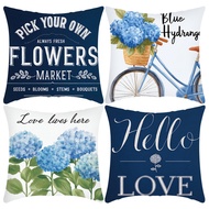 Short Plush Cushion Cover 45x45cm, Blue Bike Hydrangea Pattern Pillow Cover Home Decor